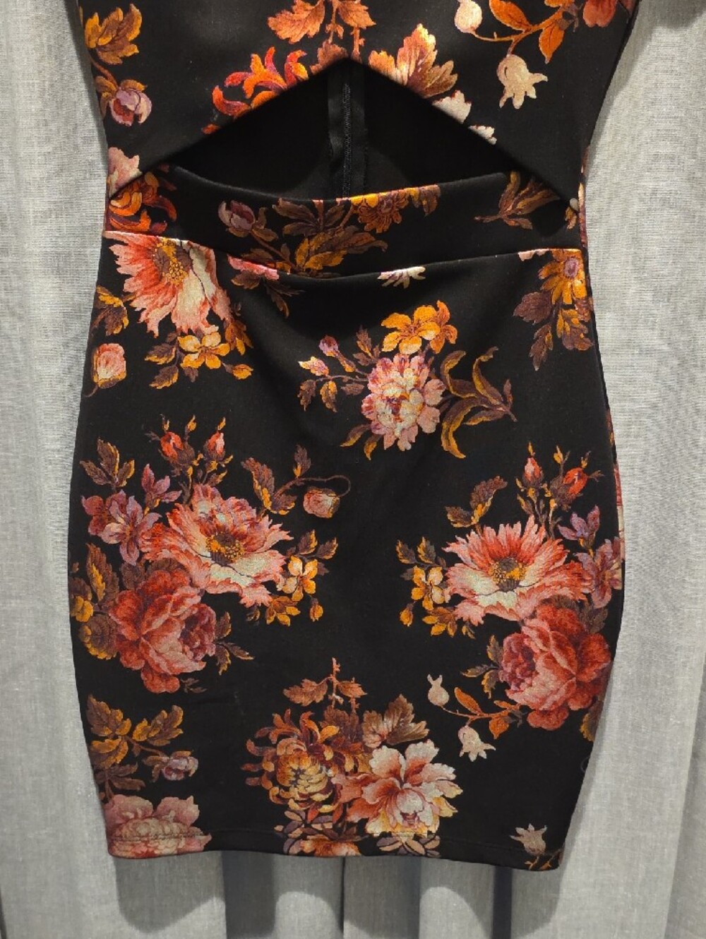 Privy Black Mini Dress with Pink & Orange Floral Foil Like Print Cutout - Picture 3 of 15